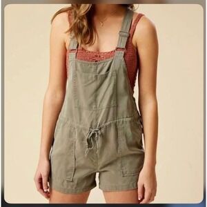 Olive Green Overall Boho Cottagecore Adjustable Strap Shortalls Drawstring Waist